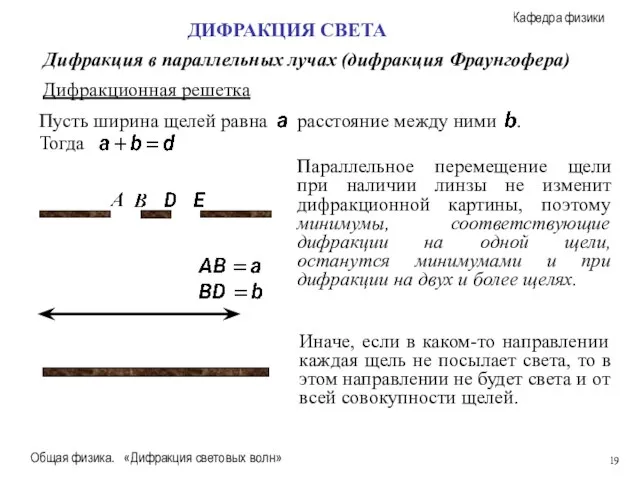 Общая физика. «Дифракция световых волн» Дифракционная решетка ДИФРАКЦИЯ СВЕТА Дифракция в параллельных