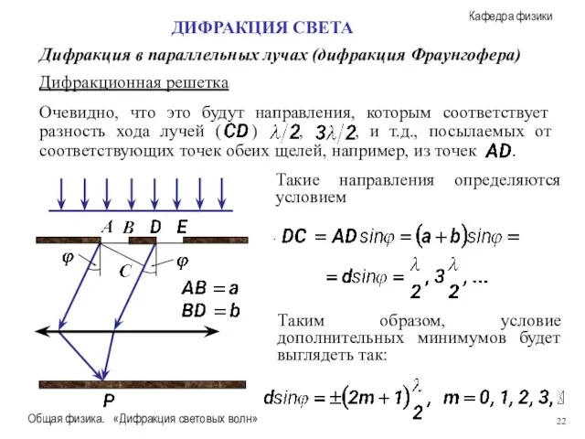 Общая физика. «Дифракция световых волн» Дифракционная решетка ДИФРАКЦИЯ СВЕТА Дифракция в параллельных