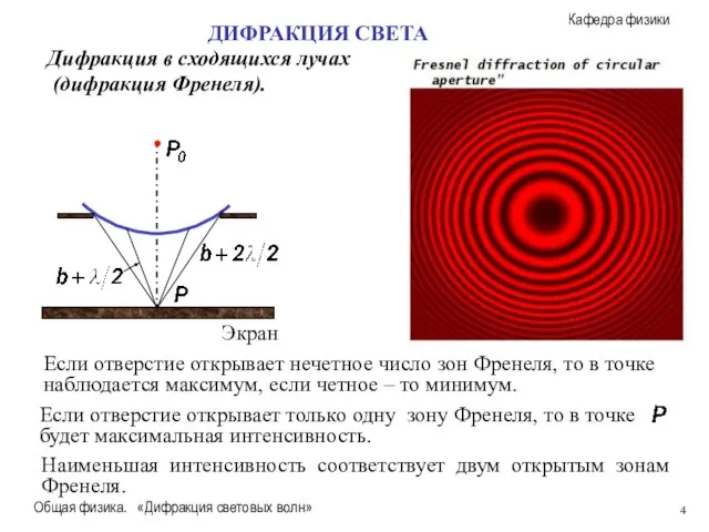 Общая физика. «Дифракция световых волн» Дифракция в сходящихся лучах (дифракция Френеля). ДИФРАКЦИЯ