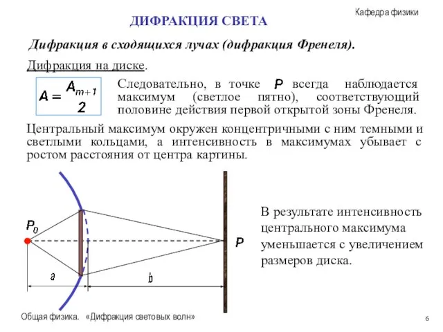 Общая физика. «Дифракция световых волн» Дифракция в сходящихся лучах (дифракция Френеля). ДИФРАКЦИЯ