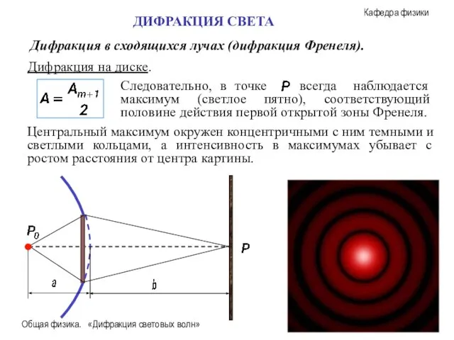 Общая физика. «Дифракция световых волн» Дифракция в сходящихся лучах (дифракция Френеля). ДИФРАКЦИЯ