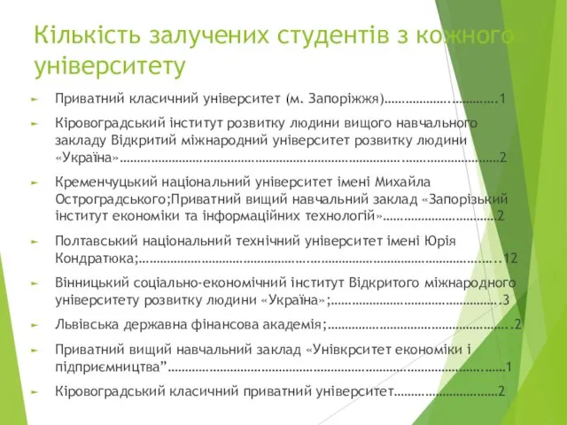 Кількість залучених студентів з кожного університету Приватний класичний університет (м. Запоріжжя)……………….………….1 Кіровоградський