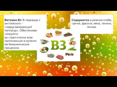 Витамин В3 В переводе с английского – «предупреждающий пеллагру». Обеспечивает «энергети- ку»