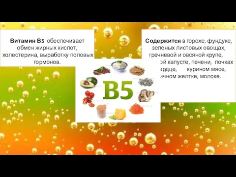 Витамин В5 обеспечивает обмен жирных кислот, холестерина, выработку половых гормонов. Содержится в