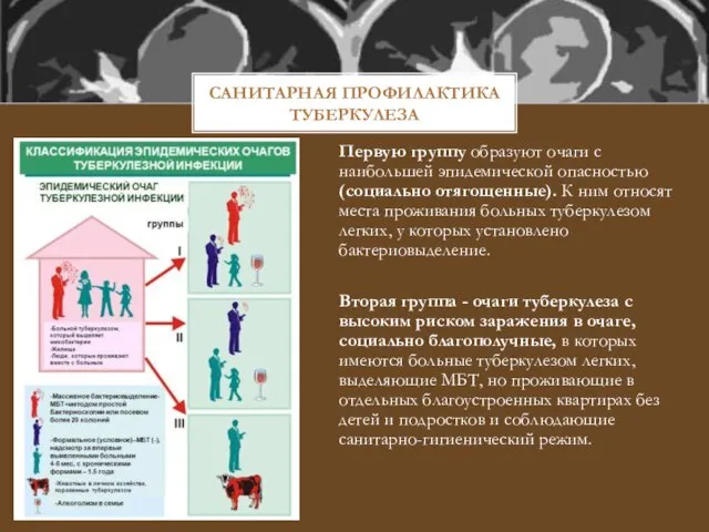 САНИТАРНАЯ ПРОФИЛАКТИКА ТУБЕРКУЛЕЗА Первую группу образуют очаги с наибольшей эпидемической опасностью (социально