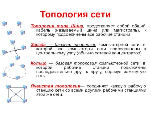 Топология сети Топология типа Ши́на, представляет собой общий кабель (называемый шина или