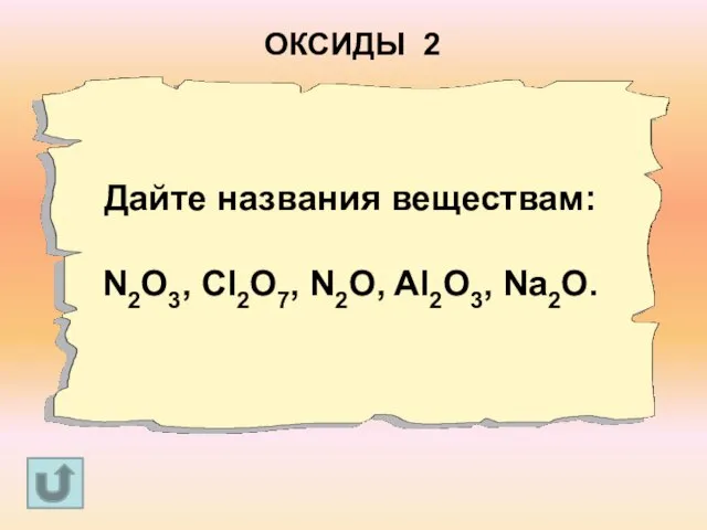 Дайте названия веществам: N2O3, Cl2O7, N2O, Al2O3, Na2O. ОКСИДЫ 2