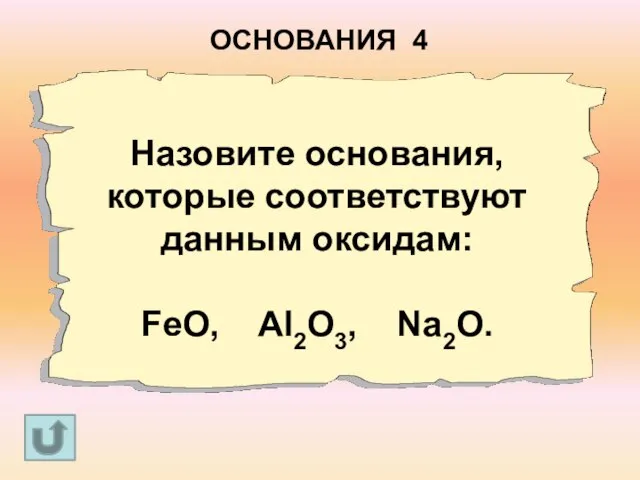 Назовите основания, которые соответствуют данным оксидам: FeO, Al2O3, Na2O. ОСНОВАНИЯ 4