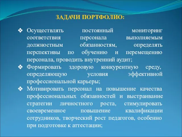 ЗАДАЧИ ПОРТФОЛИО: Осуществлять постоянный мониторинг соответствия персонала выполняемым должностным обязанностям, определять перспективы