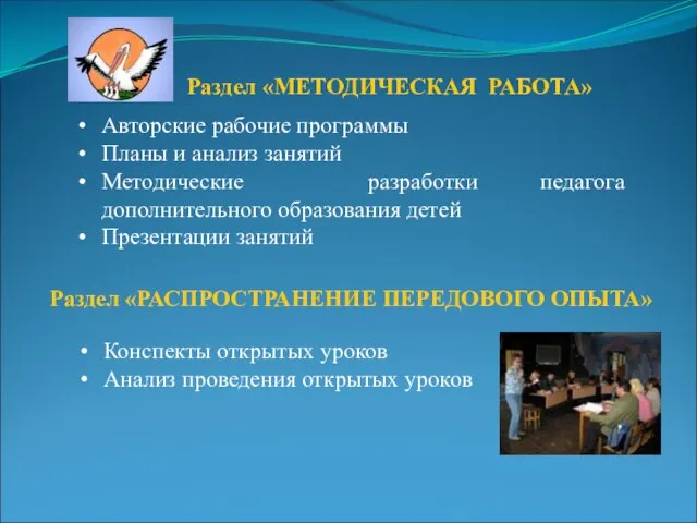 Раздел «МЕТОДИЧЕСКАЯ РАБОТА» Авторские рабочие программы Планы и анализ занятий Методические разработки