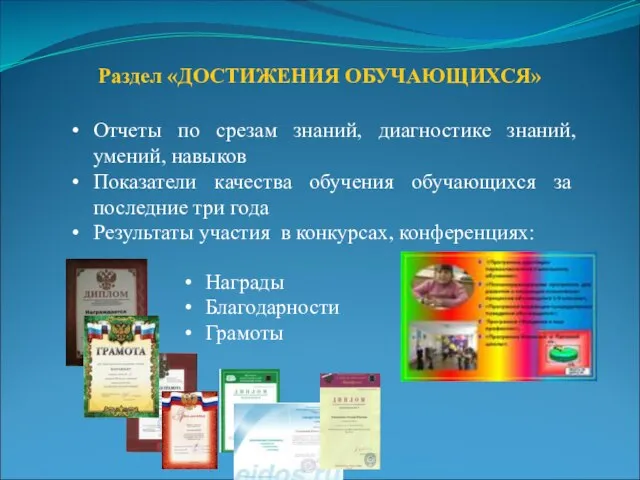 Раздел «ДОСТИЖЕНИЯ ОБУЧАЮЩИХСЯ» Отчеты по срезам знаний, диагностике знаний, умений, навыков Показатели