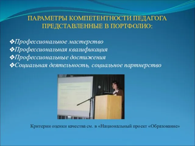 ПАРАМЕТРЫ КОМПЕТЕНТНОСТИ ПЕДАГОГА ПРЕДСТАВЛЕННЫЕ В ПОРТФОЛИО: Профессиональное мастерство Профессиональная квалификация Профессиональные достижения