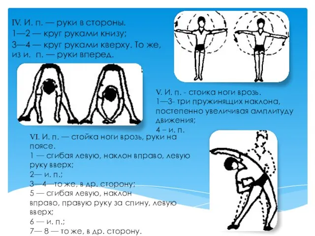 IV. И. п. — руки в стороны. 1—2 — круг руками книзу;