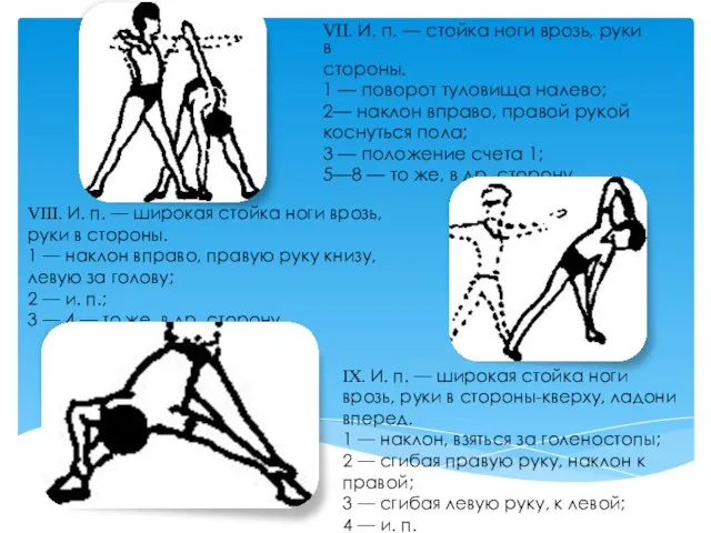 VII. И. п. — стойка ноги врозь, руки в стороны. 1 —