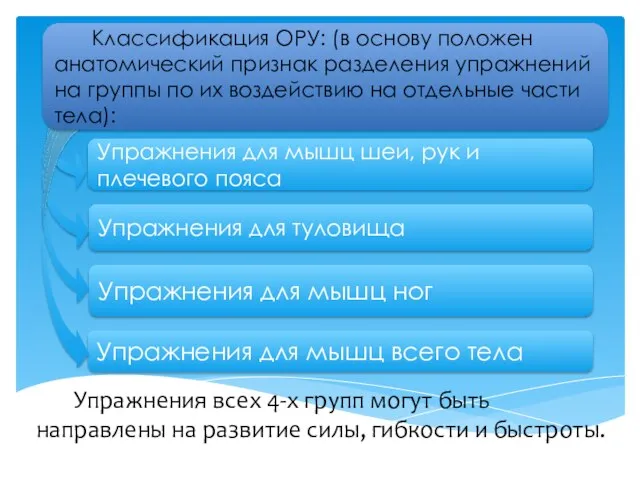 Упражнения всех 4-х групп могут быть направлены на развитие силы, гибкости и