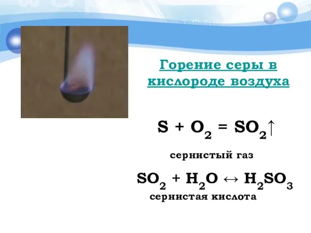 Горение серы в кислороде воздуха S + O2 = SO2↑ сернистый газ