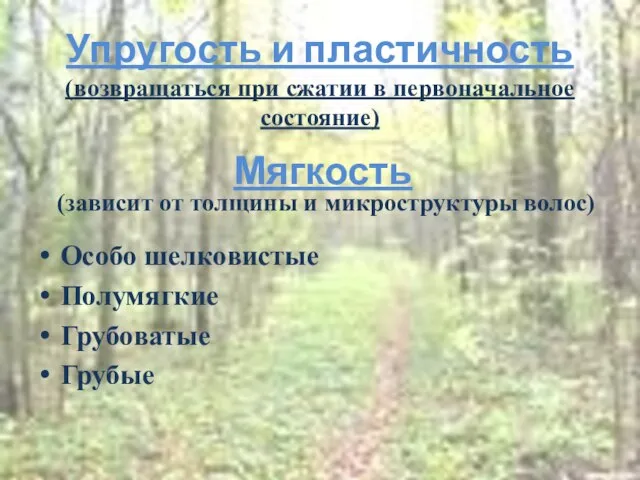 Упругость и пластичность (возвращаться при сжатии в первоначальное состояние) Особо шелковистые Полумягкие