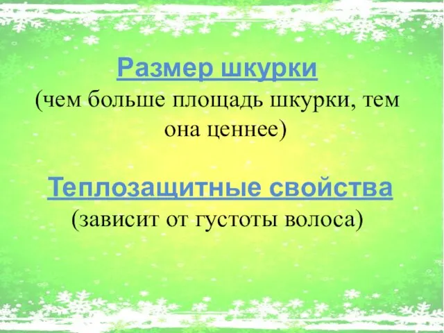 Размер шкурки (чем больше площадь шкурки, тем она ценнее) Теплозащитные свойства (зависит от густоты волоса)