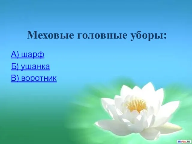 Меховые головные уборы: А) шарф Б) ушанка В) воротник