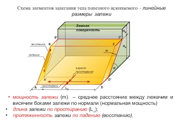 Схема элементов залегания тела полезного ископаемого – линейные размеры залежи мощность залежи