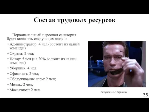 Состав трудовых ресурсов Первоначальный персонал санатория будет включать следующих людей: Администратор: 4