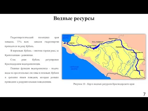 Гидроэнергетический потенциал края невысок. 77% всех запасов гидроэнергии приходится на реку Кубань.