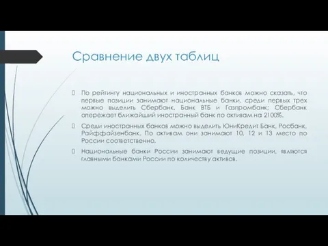 Сравнение двух таблиц По рейтингу национальных и иностранных банков можно сказать, что