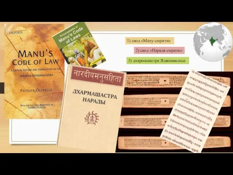 2) свод «Нарада-смрити» 3) дхармашастра Яджнавалкьи 1) свод «Ману-смрити»
