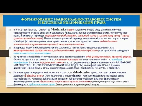 ФОРМИРОВАНИЕ НАЦИОНАЛЬНО-ПРАВОВЫХ СИСТЕМ И ВСЕОБЩАЯ КОДИФИКАЦИЯ ПРАВА В эпоху трехвекового господства Modernity