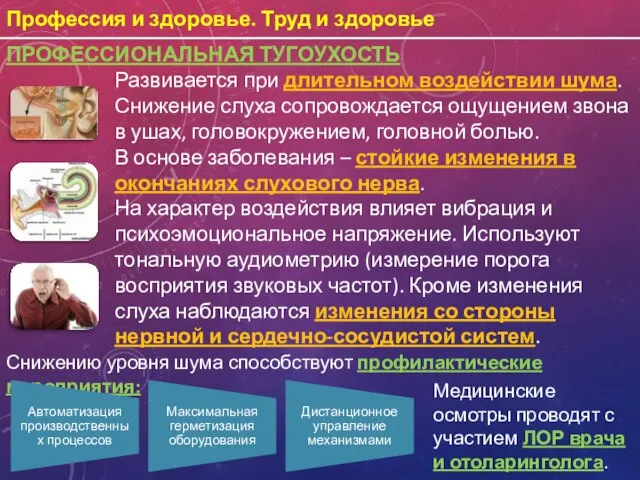 Профессия и здоровье. Труд и здоровье ПРОФЕССИОНАЛЬНАЯ ТУГОУХОСТЬ Развивается при длительном воздействии