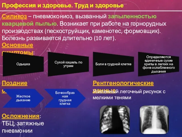 Профессия и здоровье. Труд и здоровье Силикоз – пневмокониоз, вызванный запыленностью кварцевой