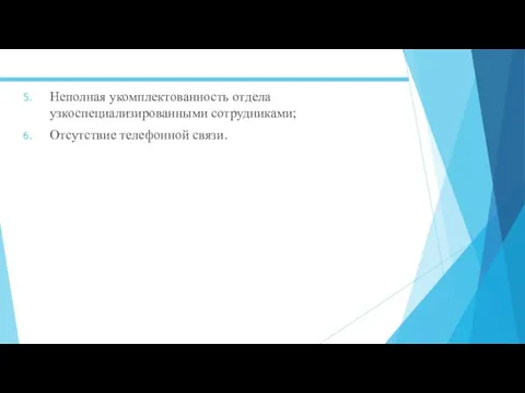 Неполная укомплектованность отдела узкоспециализированными сотрудниками; Отсутствие телефонной связи.