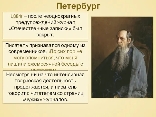 Петербург 1884г – после неоднократных предупреждений журнал «Отечественные записки» был закрыт. Писатель