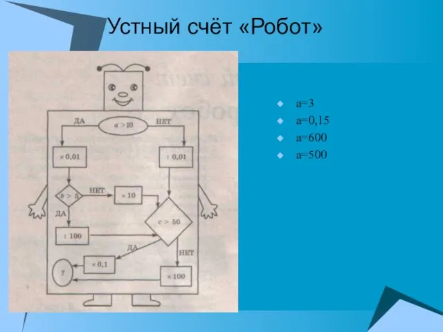 Устный счёт «Робот» а=3 а=0,15 а=600 а=500