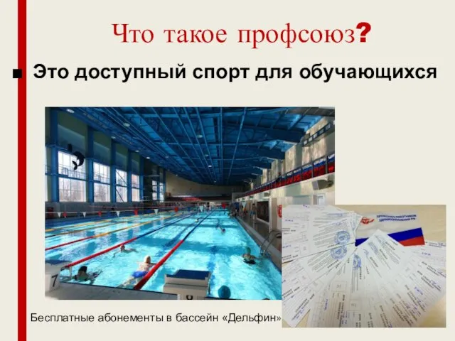 Что такое профсоюз? Это доступный спорт для обучающихся Бесплатные абонементы в бассейн «Дельфин»