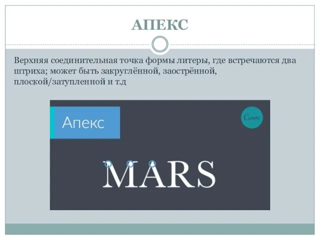 АПЕКС Верхняя соединительная точка формы литеры, где встречаются два штриха; может быть