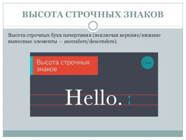 ВЫСОТА СТРОЧНЫХ ЗНАКОВ Высота строчных букв начертания (исключая верхние/нижние выносные элементы — ascenders/descenders).