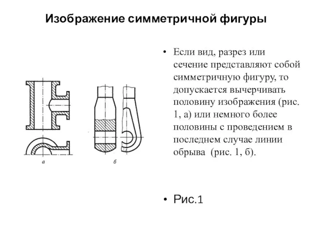 Изображение симметричной фигуры Если вид, разрез или сечение представляют собой симметричную фигуру,