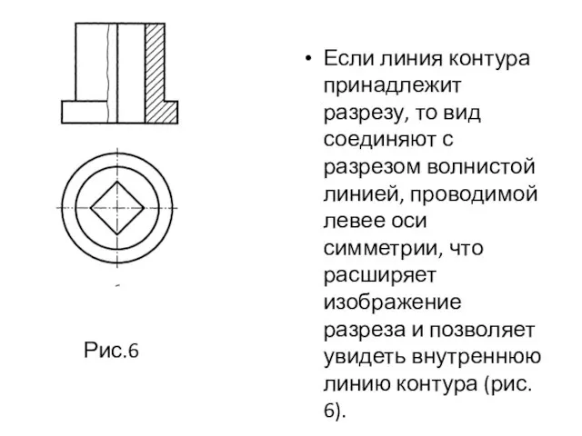 Рис.6 Если линия контура принадлежит разрезу, то вид соединяют с разрезом волнистой