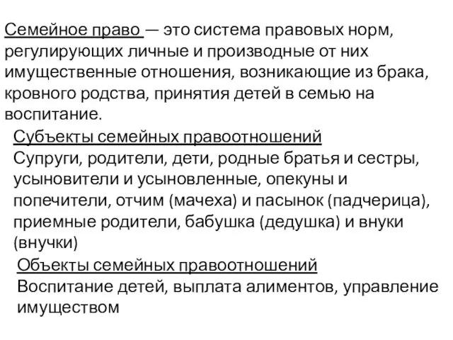 Семейное право — это система правовых норм, регулирующих личные и производные от