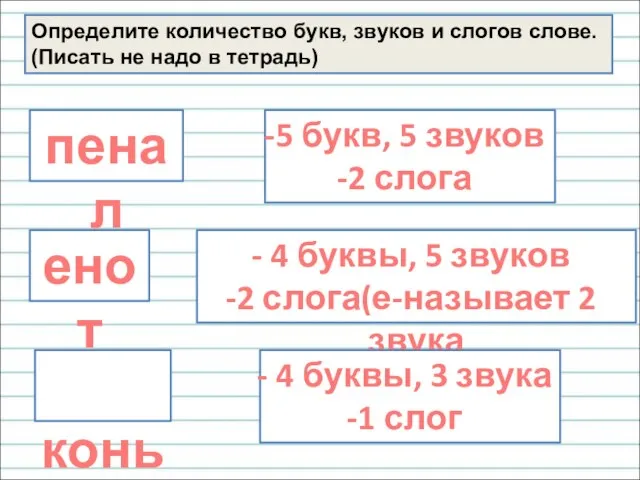 пенал 5 букв, 5 звуков 2 слога енот 4 буквы, 5 звуков