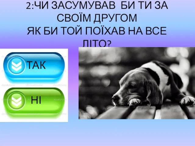 2:ЧИ ЗАСУМУВАВ БИ ТИ ЗА СВОЇМ ДРУГОМ ЯК БИ ТОЙ ПОЇХАВ НА ВСЕ ЛІТО? ТАК НІ