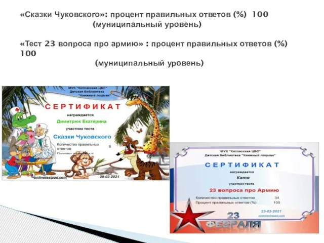 «Сказки Чуковского»: процент правильных ответов (%) 100 (муниципальный уровень) «Тест 23 вопроса