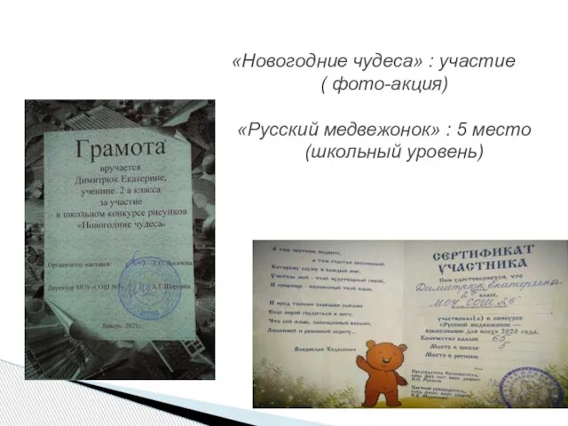 «Новогодние чудеса» : участие ( фото-акция) «Русский медвежонок» : 5 место (школьный уровень)