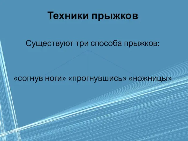 Техники прыжков Существуют три способа прыжков: «согнув ноги» «прогнувшись» «ножницы»