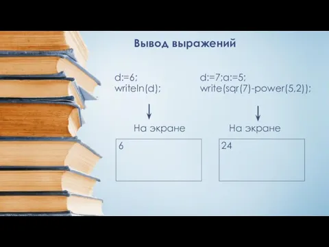 Вывод выражений d:=6; writeln(d); 6 На экране d:=7;a:=5; write(sqr(7)-power(5,2)); На экране 24