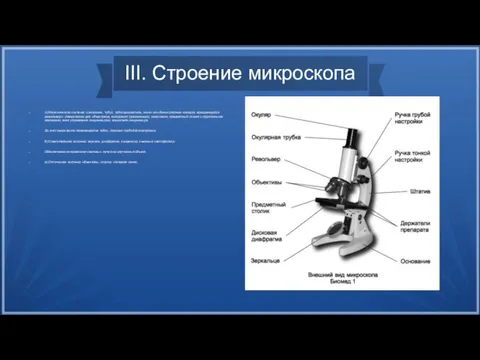 III. Строение микроскопа а) Механическая система: основание, тубус, тубусодержатель, моно- или бинокулярная