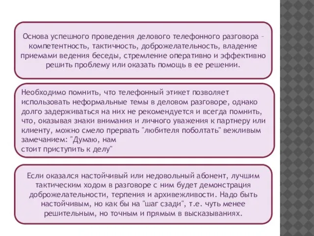 Основа успешного проведения делового телефонного разговора – компетентность, тактичность, доброжелательность, владение приемами