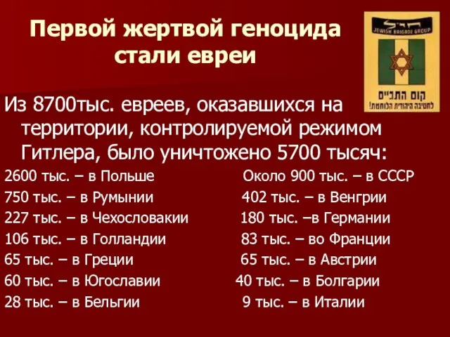 Первой жертвой геноцида стали евреи Из 8700тыс. евреев, оказавшихся на территории, контролируемой