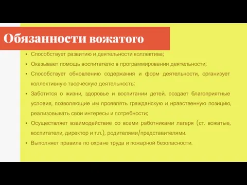 Способствует развитию и деятельности коллектива; Оказывает помощь воспитателю в программировании деятельности; Способствует